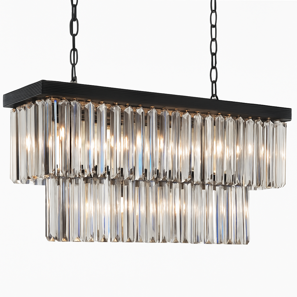 8 Lights Retro Palladium Glass Fringe Rectangular Chandelier, Elegant 40"x12" Ceiling Lighting Fixture