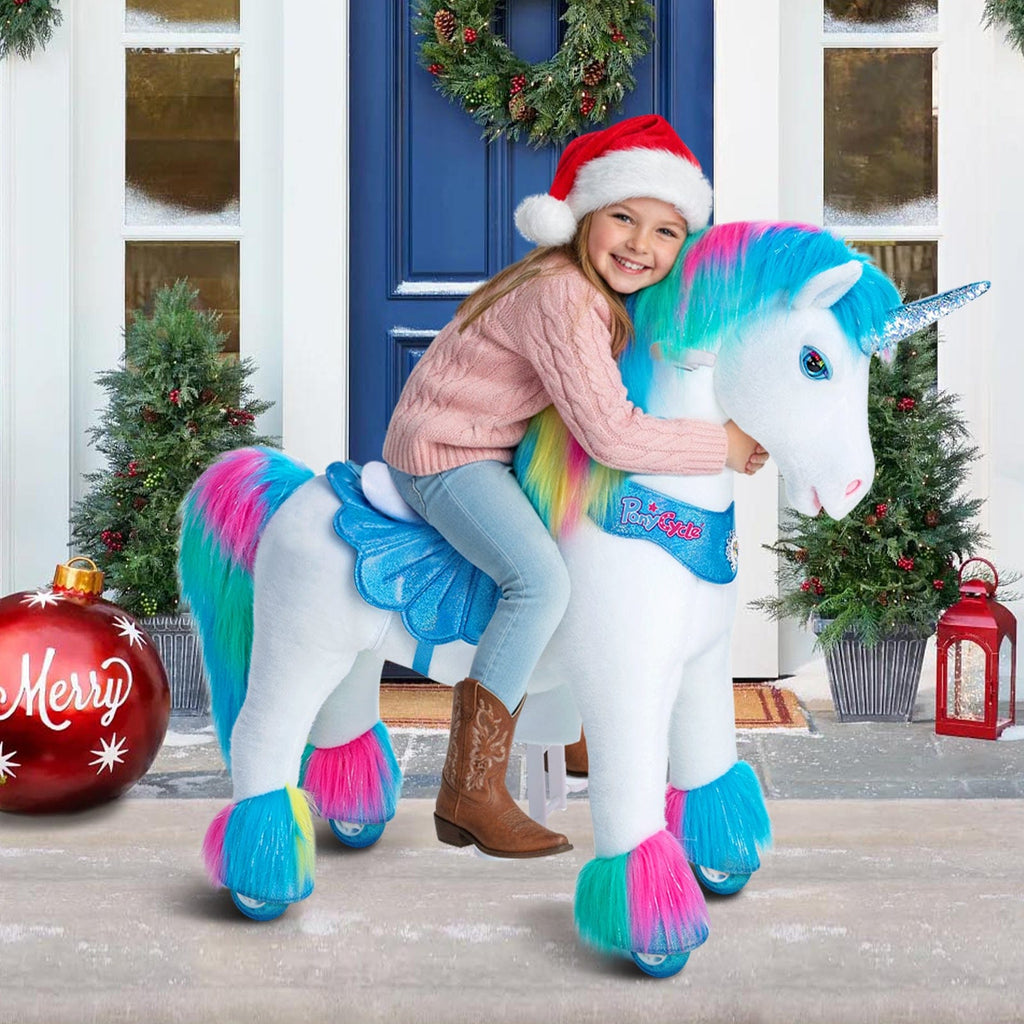 PonyCycle Model Y® Ride-On Unicorn, Rainbow - Rideable Toy for Kids Age 4-7, Mechanical Walking Unicorn Ride-On Toy