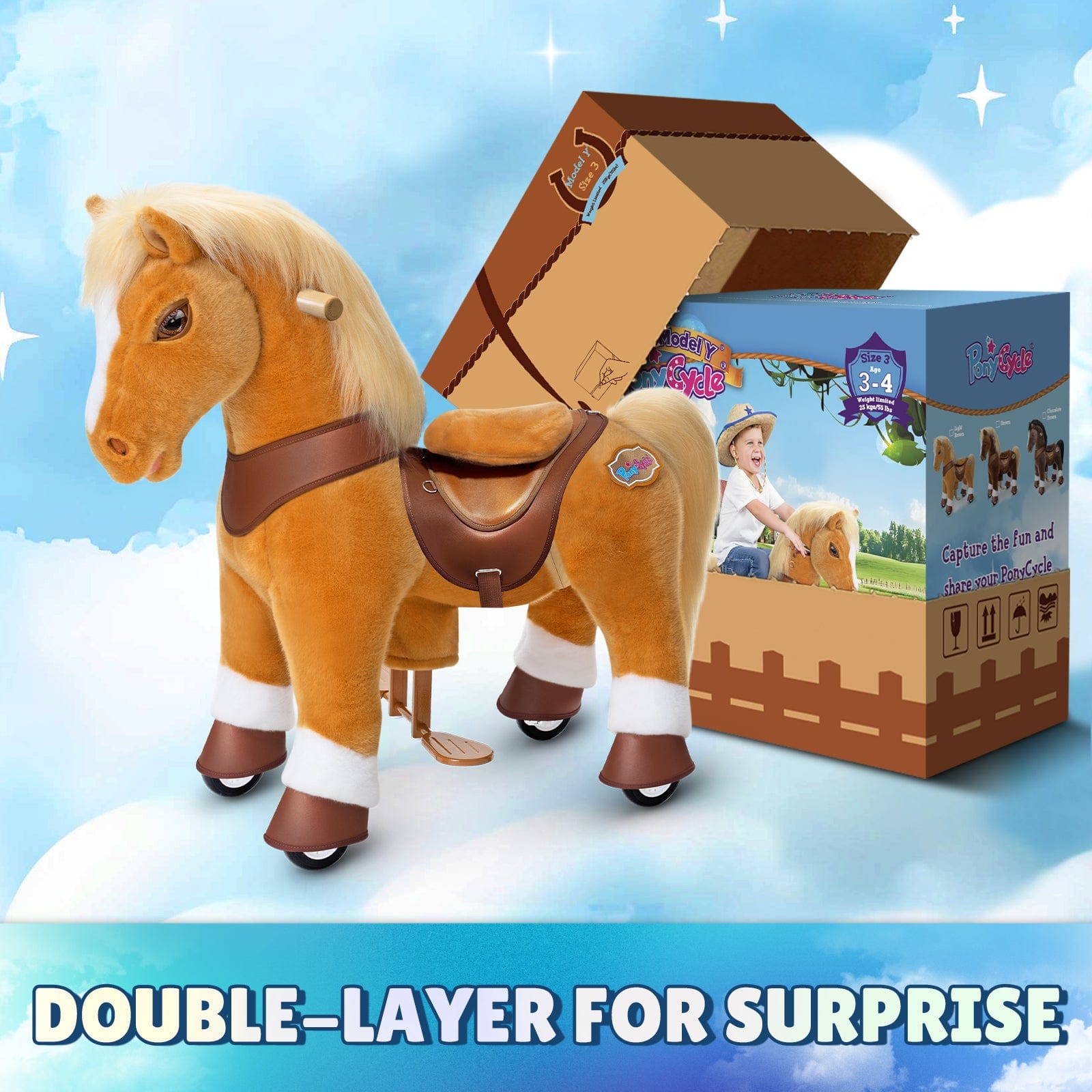 PonyCycle Model Y® Ride-On Horse, Light Brown - Rideable Toy for Kids Age 3-4, Mechanical Walking Ride-On Toy