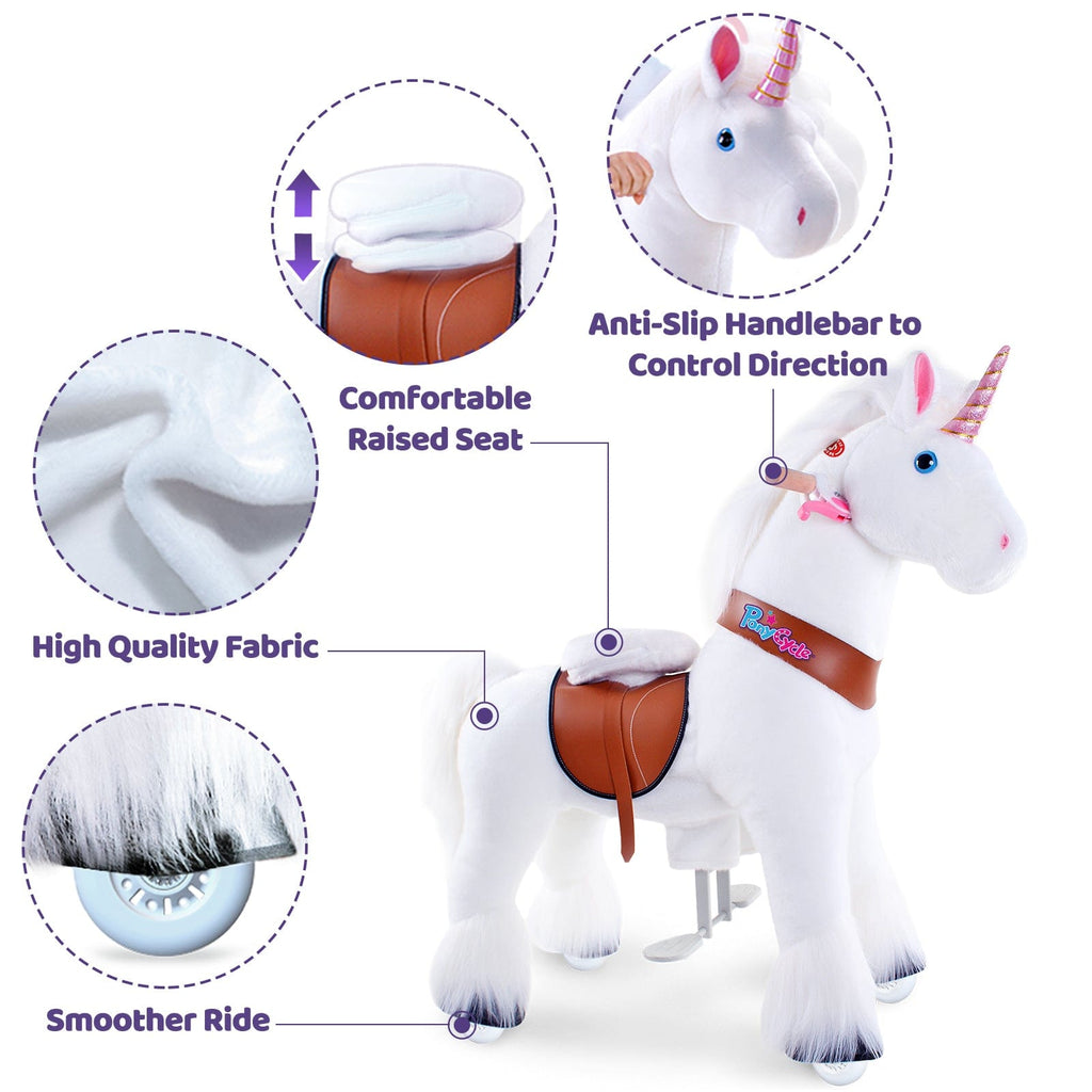 PonyCycle Model U® White Ride-On Unicorn for Kids Age 4-7, Mechanical Walking Pony Toy